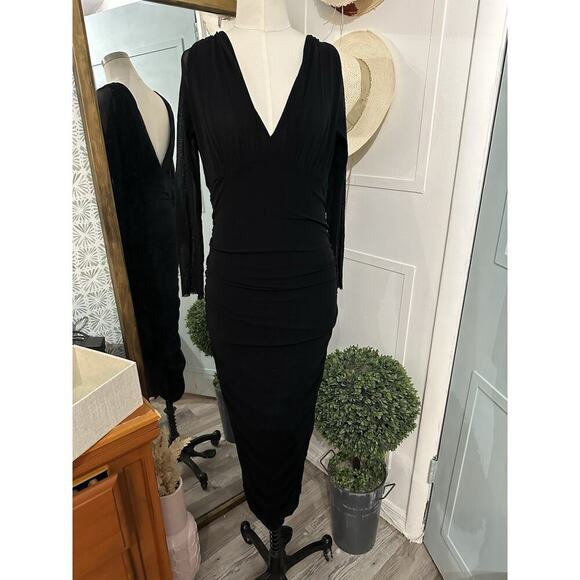 FUZZI Jean Paul Gaultier Mesh V-neck Long Sleeve Ruched Midi Dress - Picture 4 of 7